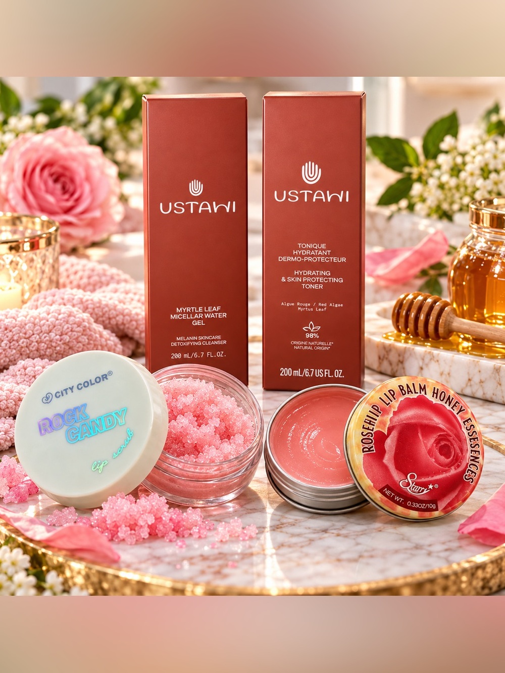 4-Piece Skincare & Lip Care Bundle – USTAWI + City Color + Rosehip Lip Balm